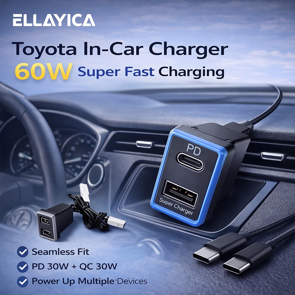 60W Toyota Custom Fit Car Charger | 30W Type-C + 30W USB Fast Charging