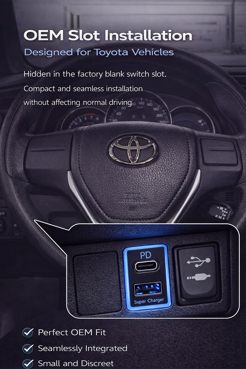 60W Toyota Custom Fit Car Charger | 30W Type-C + 30W USB Fast Charging