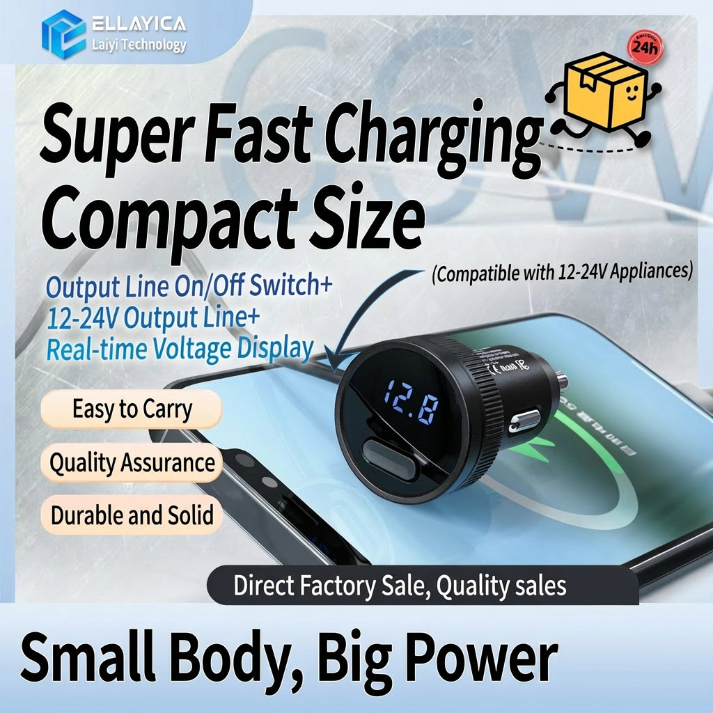 66W Car Charger with Voltage Display - 4 Models USB Type-C Fast Charging & Direct Battery Output