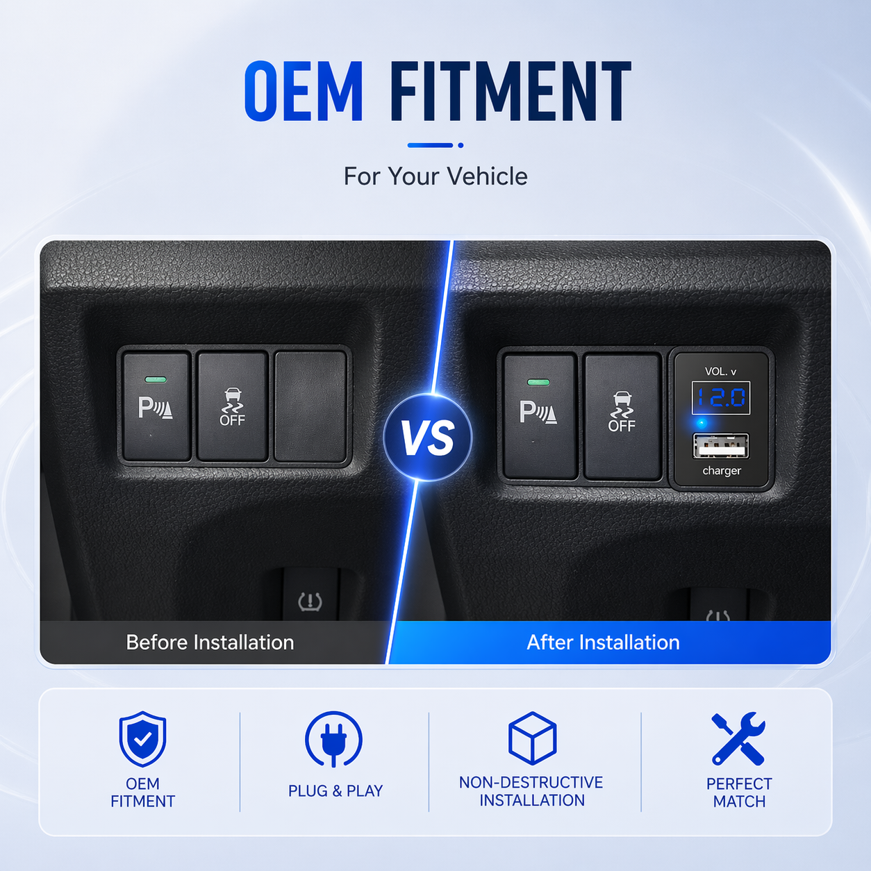 Honda Dashboard USB Car Charger | Voltage & Temperature Display Module (OEM Fit)