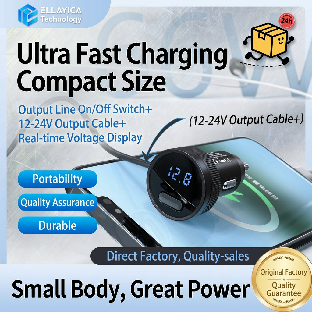 66W Car Charger with Voltage Display - 4 Models USB Type-C Fast Charging & Direct Battery Output