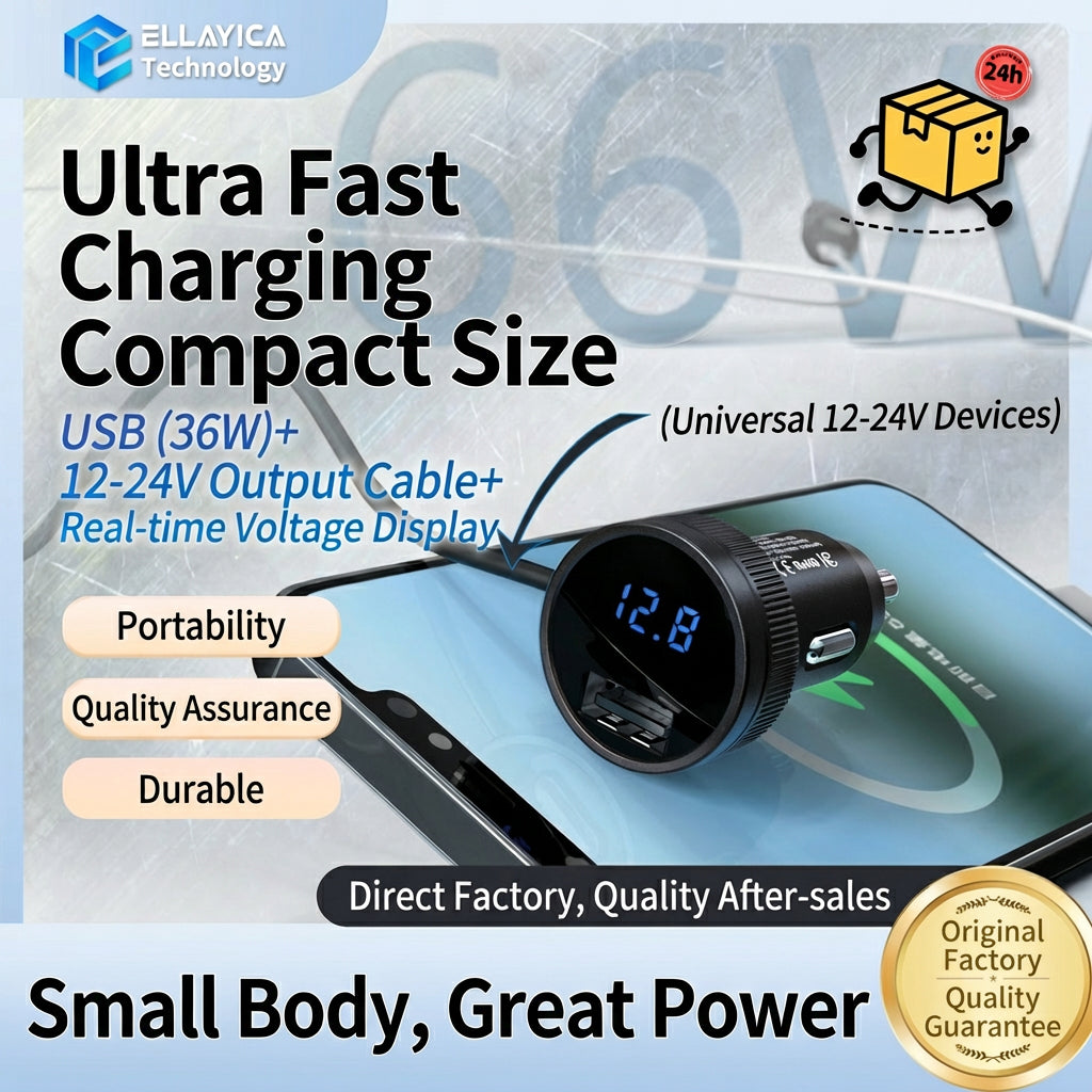 66W Car Charger with Voltage Display - 4 Models USB Type-C Fast Charging & Direct Battery Output