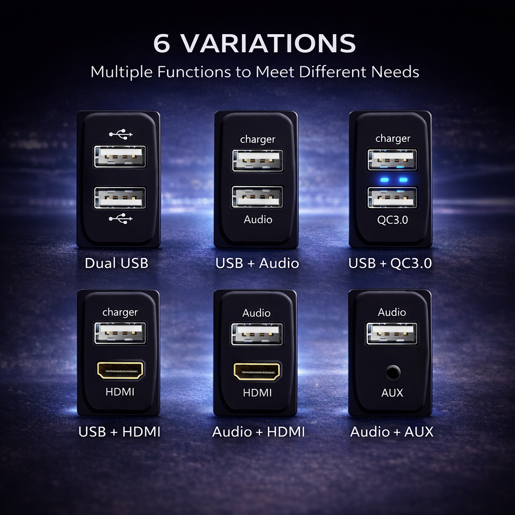 Various combinations such as Mitsubishi USB Audio, HDMI, AUX, etc.