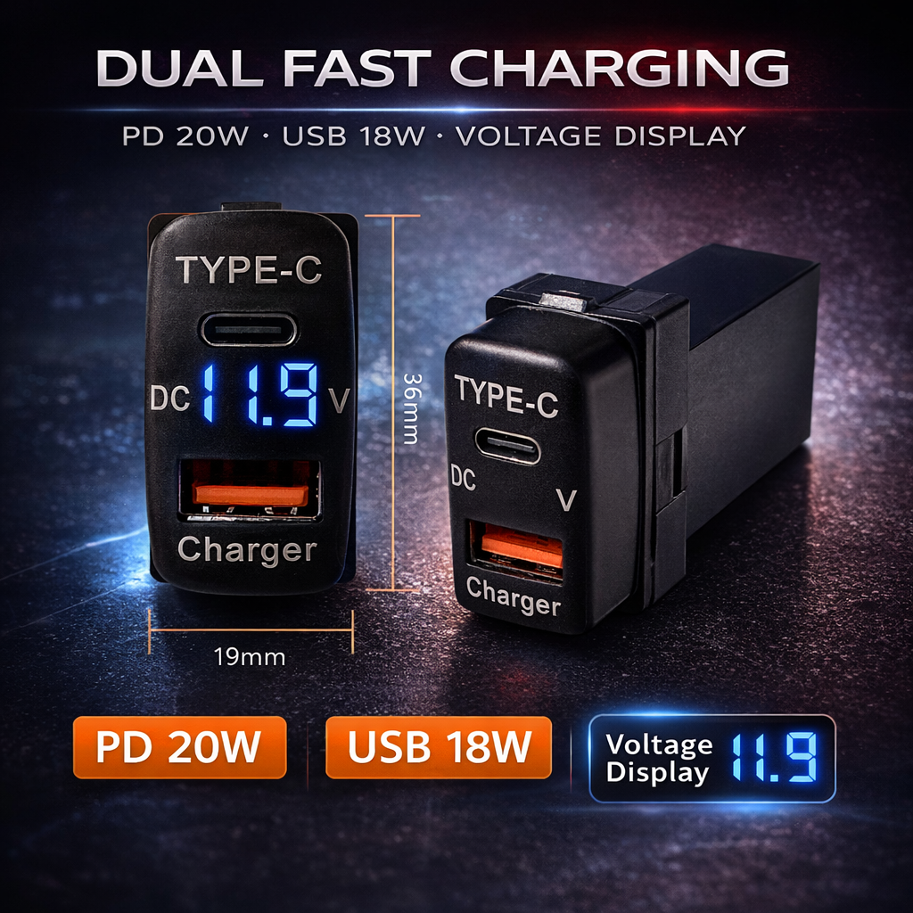 Compatible with multiple Mitsubishi car models| 18W Type-C + 20W USB Fast Charging+Voltage display of the car battery
