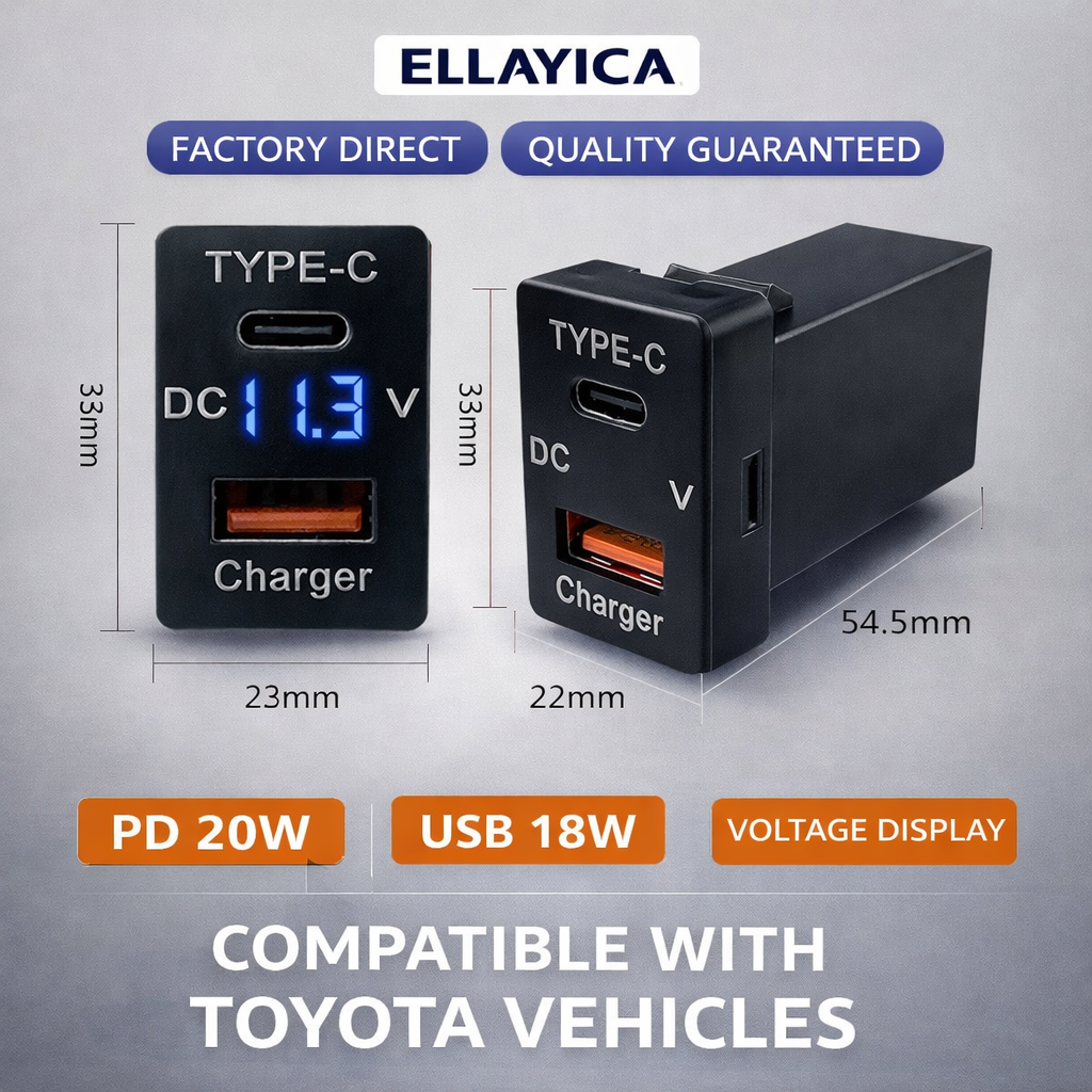 60W Toyota Custom Fit Car Charger | 30W Type-C + 30W USB Fast Charging+voltage supervisory