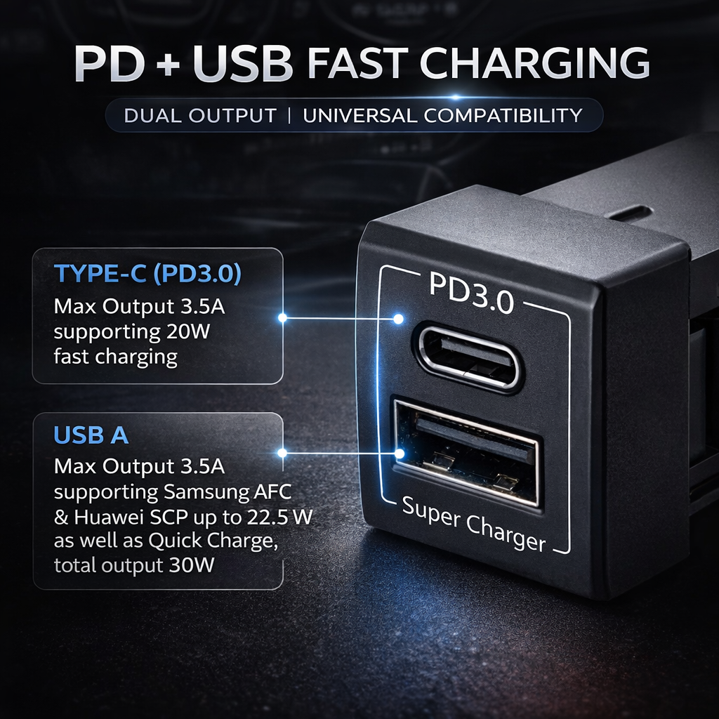 60W Toyota Custom Fit Car Charger | 30W Type-C + 30W USB Fast Charging