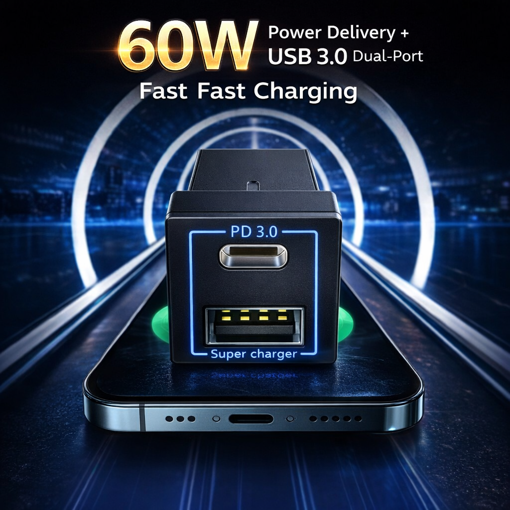 60W Toyota Custom Fit Car Charger | 30W Type-C + 30W USB Fast Charging