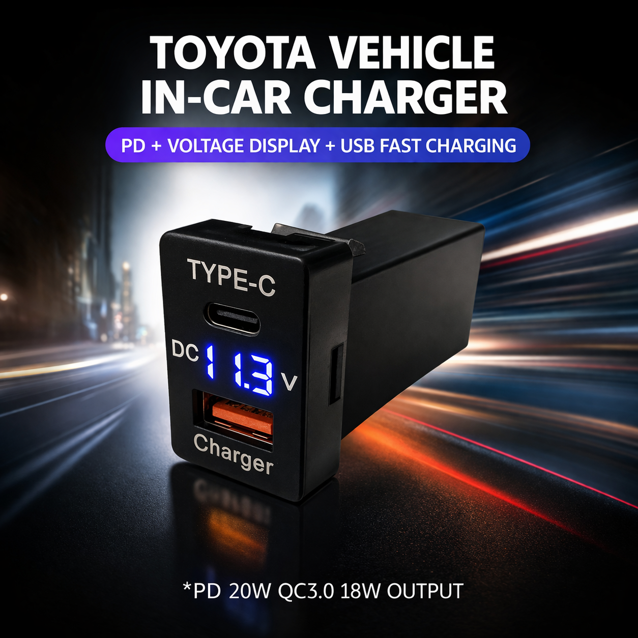 60W Toyota Custom Fit Car Charger | 30W Type-C + 30W USB Fast Charging+voltage supervisory