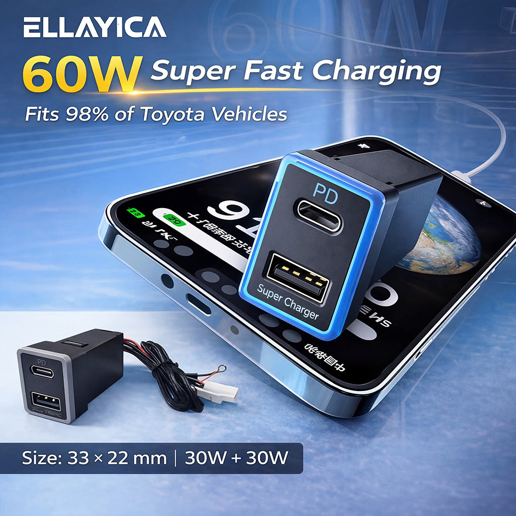 60W Toyota Custom Fit Car Charger | 30W Type-C + 30W USB Fast Charging