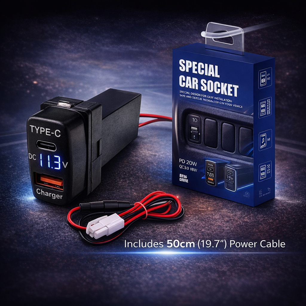 Compatible with multiple Mitsubishi car models| 18W Type-C + 20W USB Fast Charging+Voltage display of the car battery