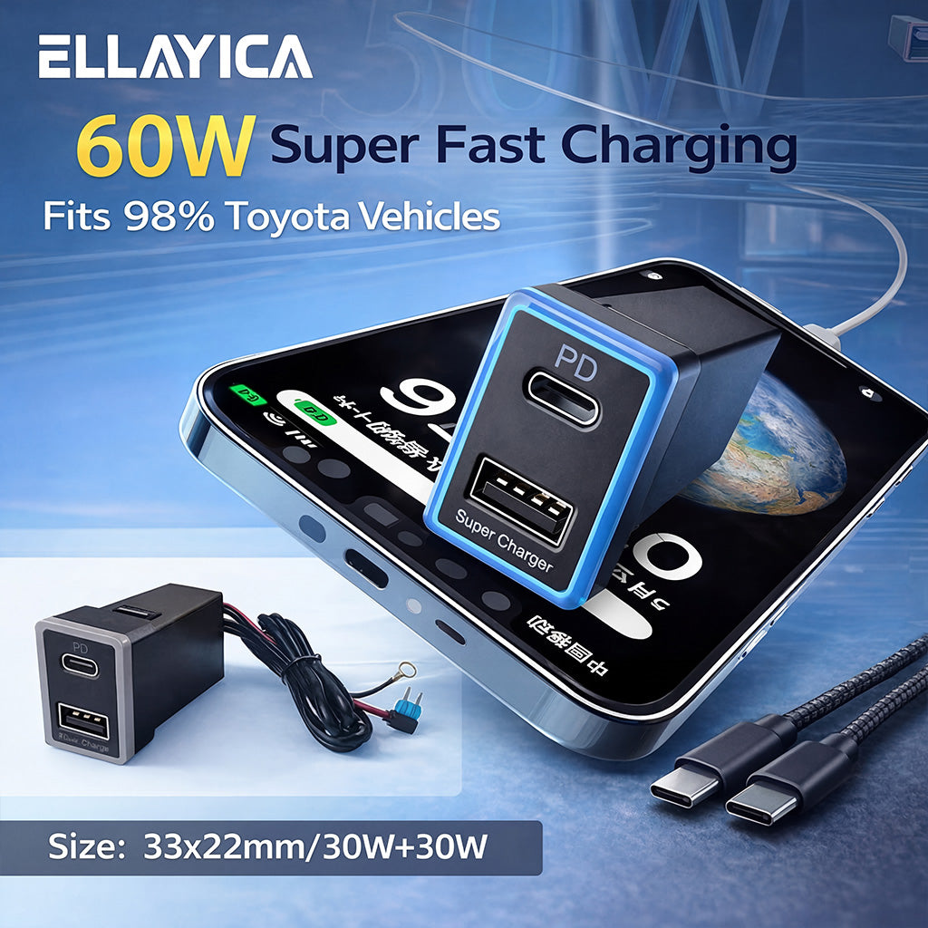 60W Toyota Custom Fit Car Charger | 30W Type-C + 30W USB Fast Charging